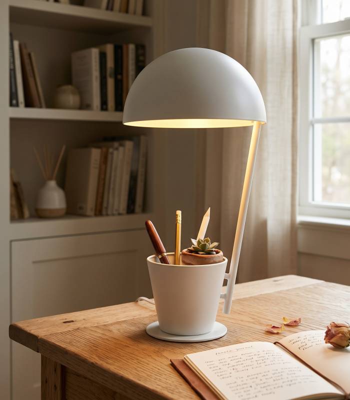Lampe de bureau blanche ideale pour les enfants car possibilité de mettre des crayons dedans