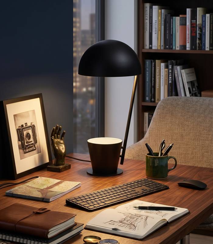 Lampe Pretty, lampe de bureau noir avec pot pour y mettre des crayons